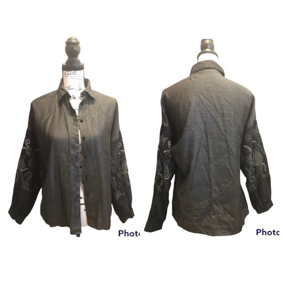 Zara Peasant button down shirt embroidery black Size XSmall Chambray Y2K - Picture 9 of 9